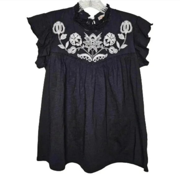 Knox Rose Black Embroidered Boho Flutter Sleeve Peasant Top XS Tassel Tie Back - Picture 3 of 8